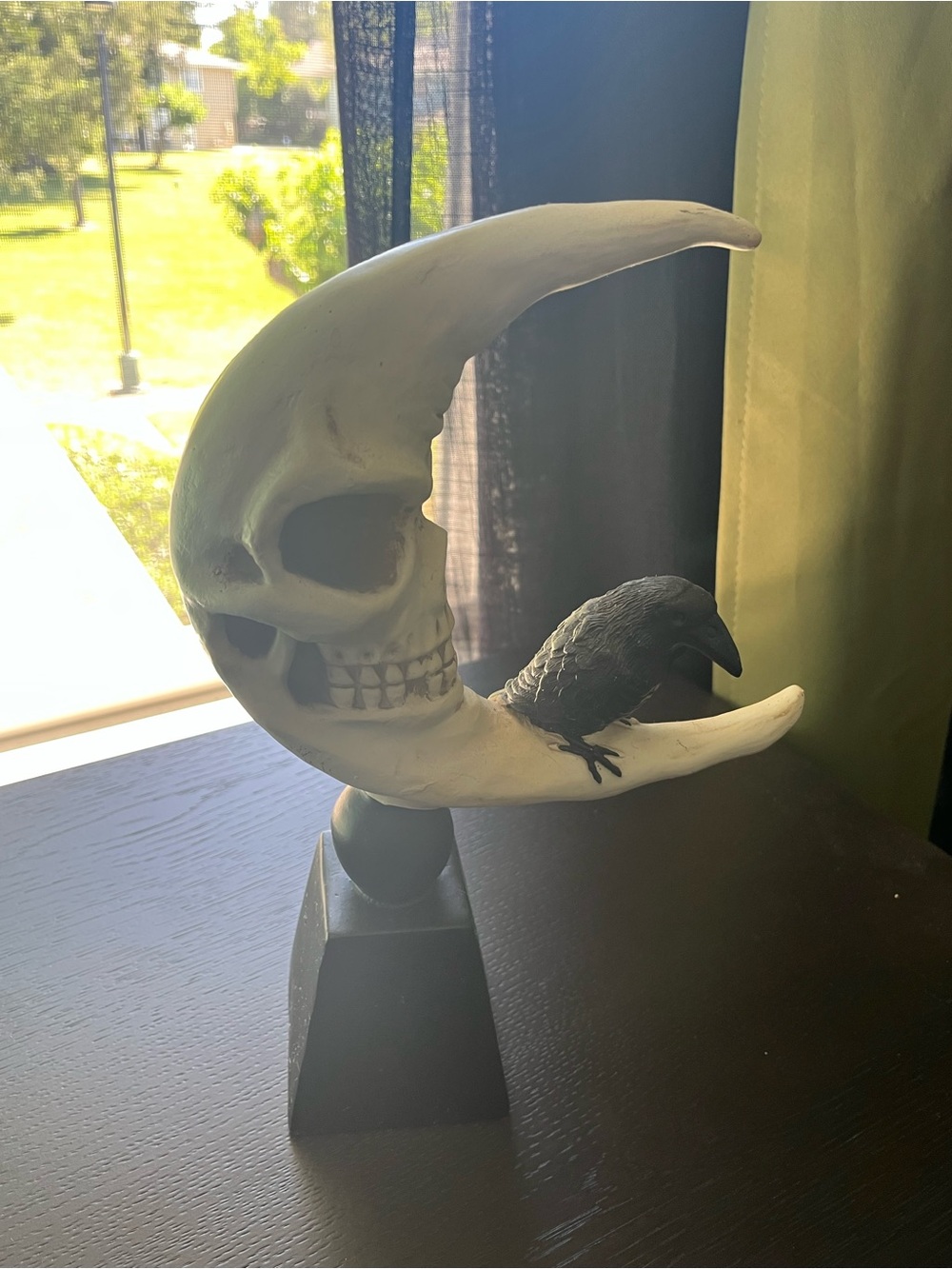 Skull Moon Crescent Statue with Raven - White and Black